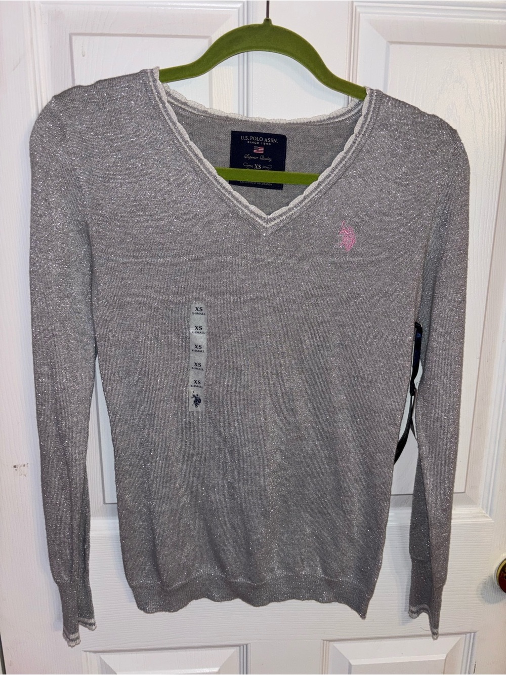 U.S. Polo Assn. Shimmery Gray V-Neck Sweater with Pink Logo XS NWT Layering